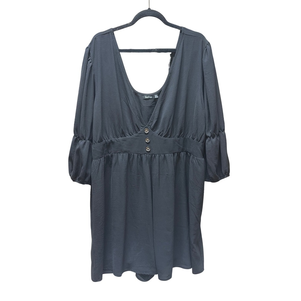 Boohoo Black V-Neck Puff Sleeve Romper Plus Size US 24 Button Empire Waist
